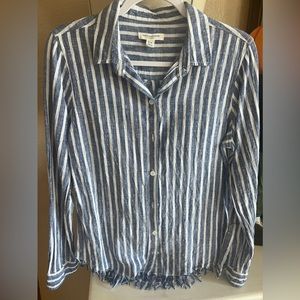 Blue & white striped long sleeve frayed top